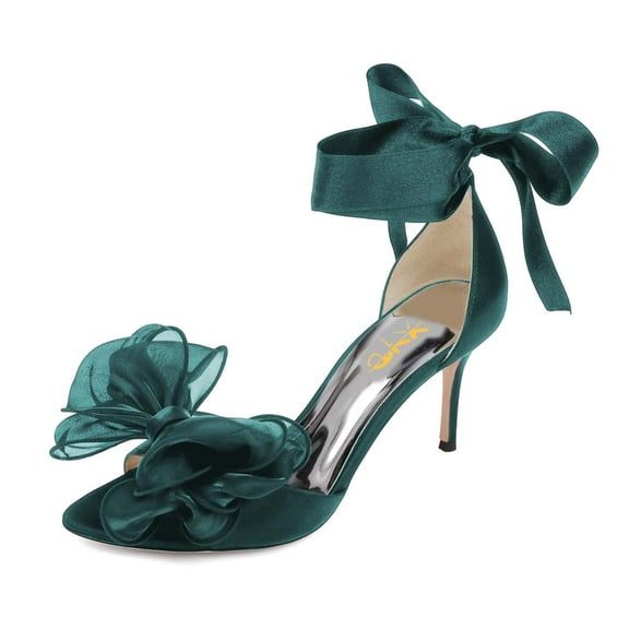 XYD Women Open Almond Toe Mid Heels Bowknot Ankle Strap Sandals Romantic Lace up Wedding Dressy Shoes Size 7 Teal