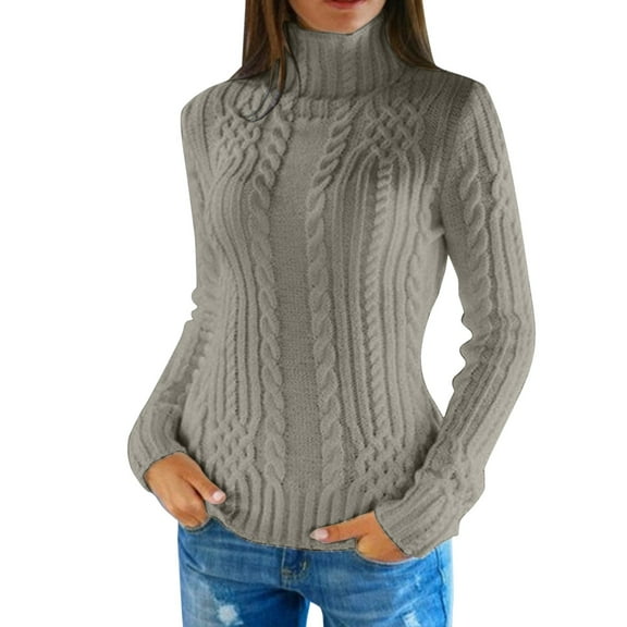 Fiaer Women Turtleneck Neck Sweater Oversized Long Sleeve Slim Fitted Cable Knit Solid Color Warm Tops for WinterGreyXL