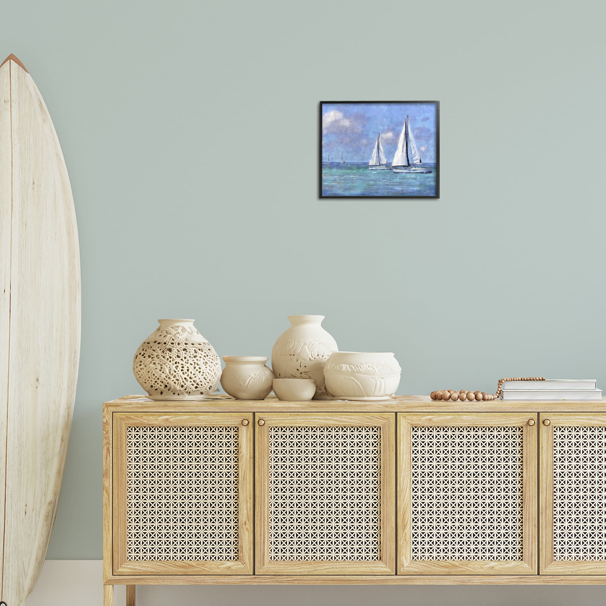 Stupell Industries Sailing Day Sailboats Landscape Painting Black Framed Art Print Wall Art, 14 x 11