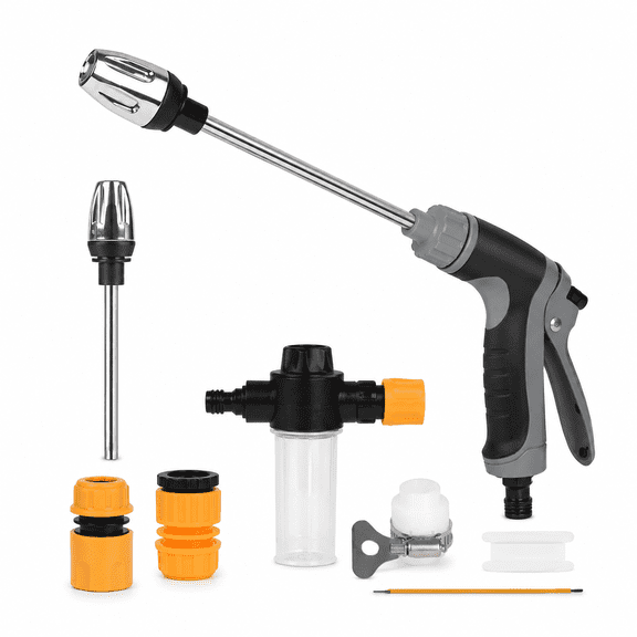 Long-Reach Garden Hose Spray Gun Kit with Soap Dispenser and Adjustable Nozzle for Car Washing and Outdoor Cleaning