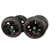 Antego Tire and Wheel (Set of 4) 205/40-14 DOT Tire w/Glossy Black/Red Aluminum Wheel Assemblies for Golf Carts/Buggies