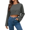 thumbnail image 4 of Craaazy Women's Loose Solid-Color Long-Sleeved Crew Neck Comfy Cropped Sweatshirts Gifts, 4 of 9