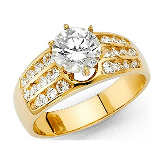 Round CZ Engagement Ring 14k Yellow Gold Anniversary Solitaire CZ Wide Band Bridal Side Stones Size 7