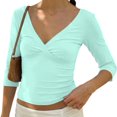 thumbnail image 3 of Women 90s Vintage 3/4 Long Sleeve Wrap V Neck Crop Tshirt Tops Slim Fit Open Back Y2k Girls Summer Going Out Tee Fluorescent Green S, 3 of 8