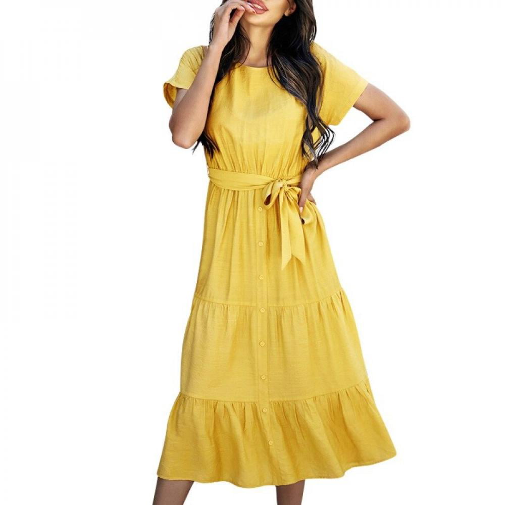 dropshipping!women summer dress o neck midi dress short sleeve casual  dresses female length sundress for lady yellow xl