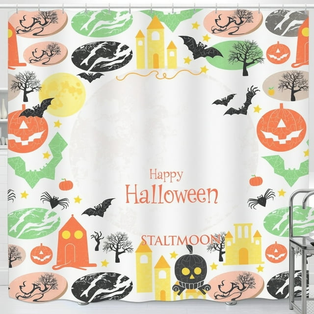 Festive Halloween Shower Curtain - Full Moon, Bats, Lanterns, Happy Halloween Design