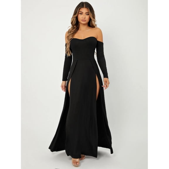 Black Off Shoulder Long Sleeve Maxi Dress With High Side Slit