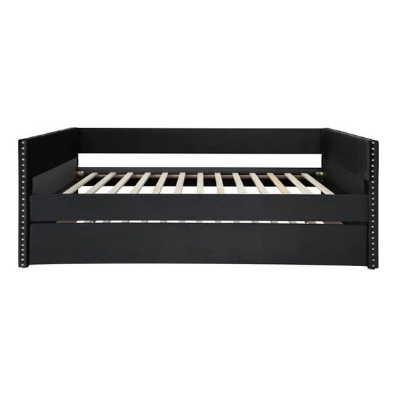 Benjara Sery Daybed w Trundle- Black Velvet Upholstery and Nailhead Trim