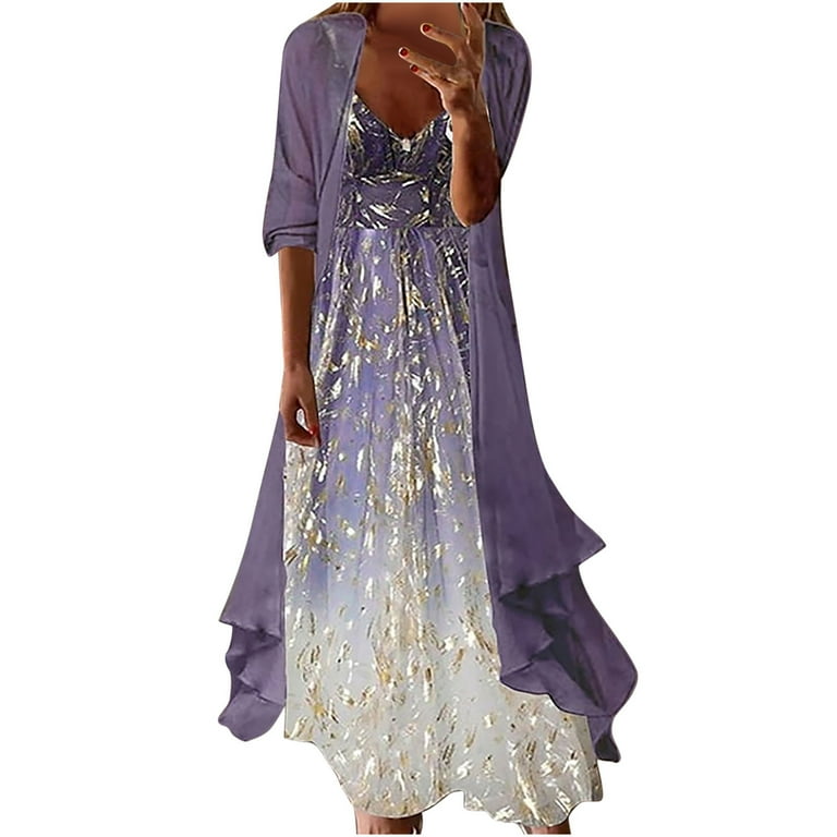 Casual Women s 3 4 Sleeve Smock Dress Set Long Beach Maxi Dress Purple Large A19732 Walmart