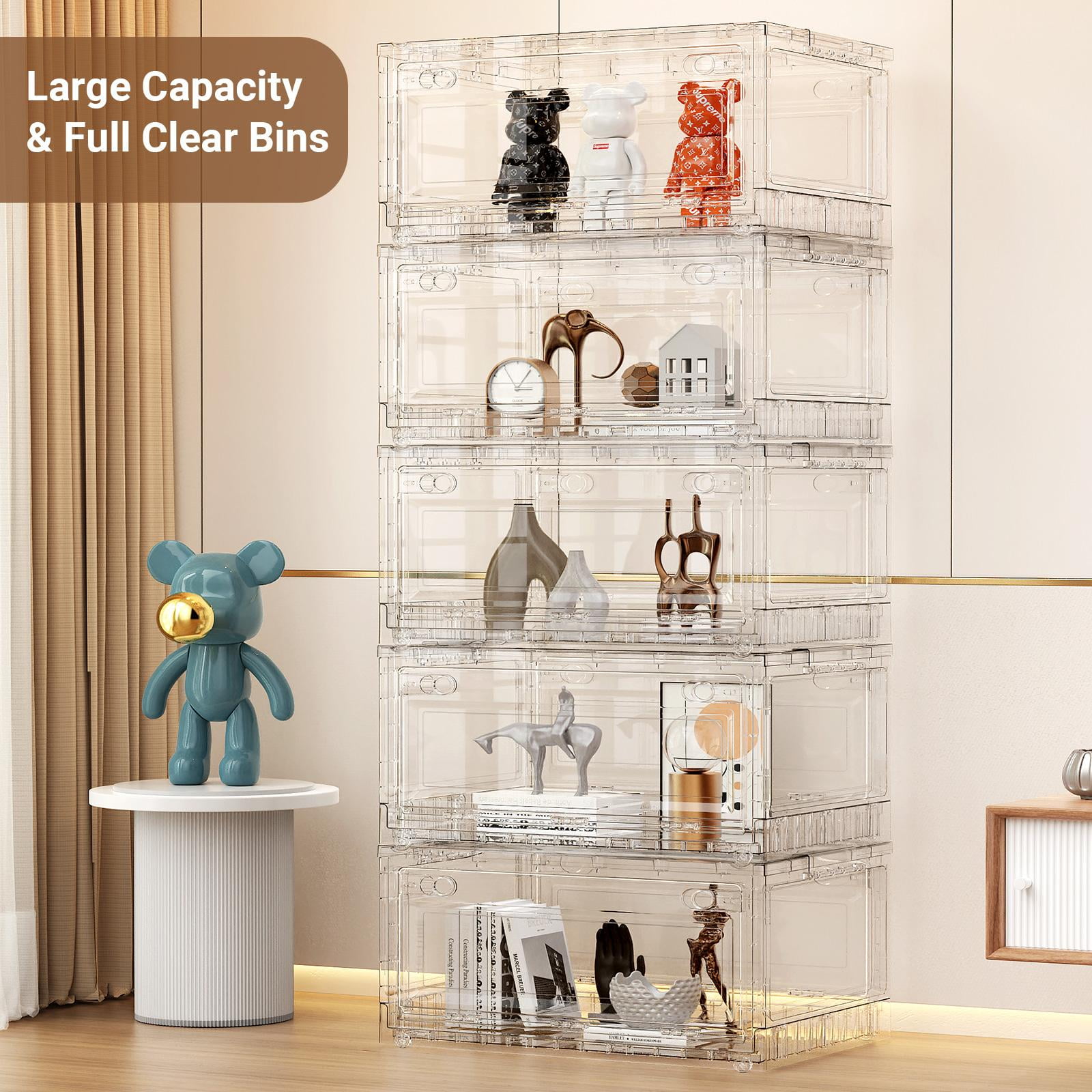 BROVIEW Full Clear Storage Bins Large 320Qt, Shiny Plastic Display Box, for Home Crafts Makeup, Stackable & Foldable, Individual Lids & Wheels, 4Pack