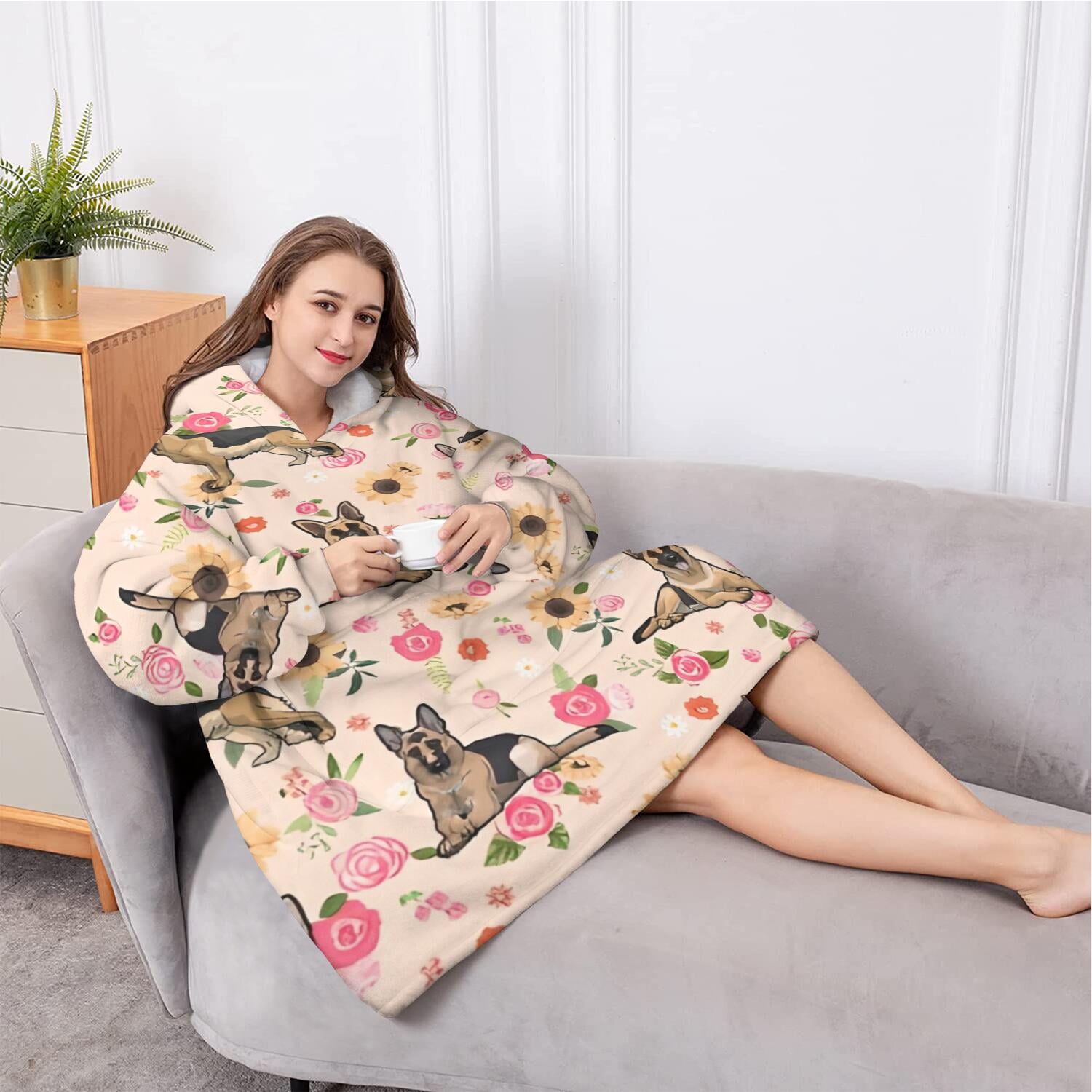 Oversized Wearable Blanket Hoodie,Shepherd Dog and Flower Floral Sherpa Blanket Hoodie with Super Pockets,Super Warm Fuzzy Pullover for Women & Men