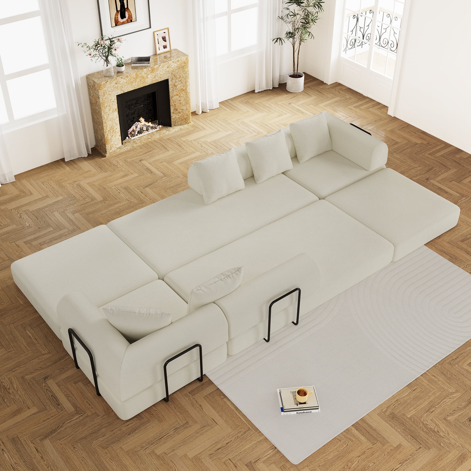 157" Convertible Sleeper Sofa Bed,Corduroy Futon Sofa Couch with High-Density Foam,Deep Seat Sofa for Living Room, Bedroom,Beige