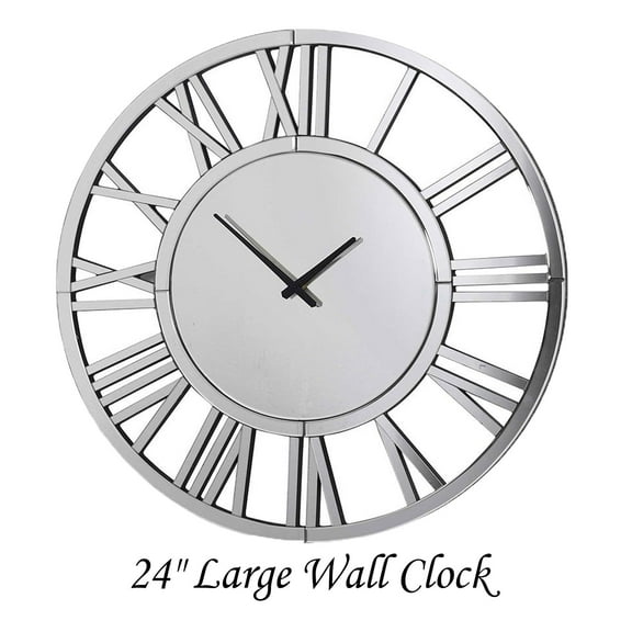 24" Large Wall Clock Decorative, Mirrored Wall Clock for Living Room Decor, Big Silver Modern Wall Clocks  for Bedroom, Room, Home, Kitchen, Office, Wall Decor, Hour and Minute Hand