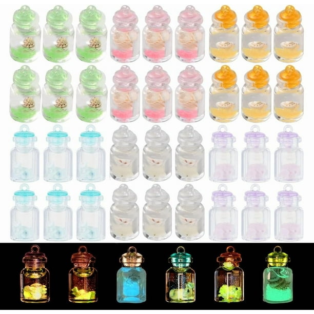 36 Mini Botellas Luminosas de los Deseos, Colgantes de Botellas de Plástico en 6 Colores con Relleno de Arcilla Polimérica, Pequeños Frascos Dulces