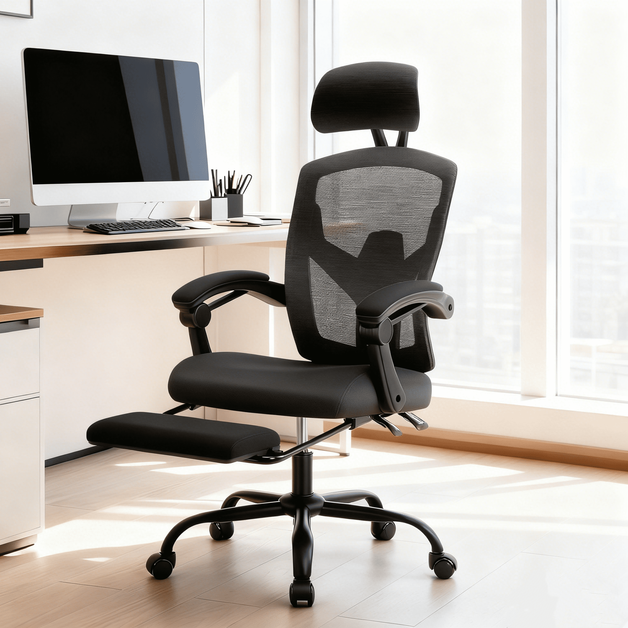Office Computer Desk Chair, High-Back Ergonomic Mesh Swivel Chair with Lockable Recline, Adjustable Lumbar Support, Retractable Footrest & Padded Arms for Home Office, Study, and Gaming, Black
