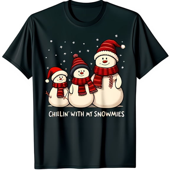 Charming Black T-Shirt with Cute Snowman Family 'Chillin' with my Snowmies' Design