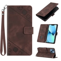 Feishell for Apple iPhone 15 Plus 6.7 inch Wallet Case with Wrist Strap,Flip Cover with Embossed Pattern PU Leather Kickstand Credit Card Slots Magnetic Clasp Folio Purse Phone Case,Brown