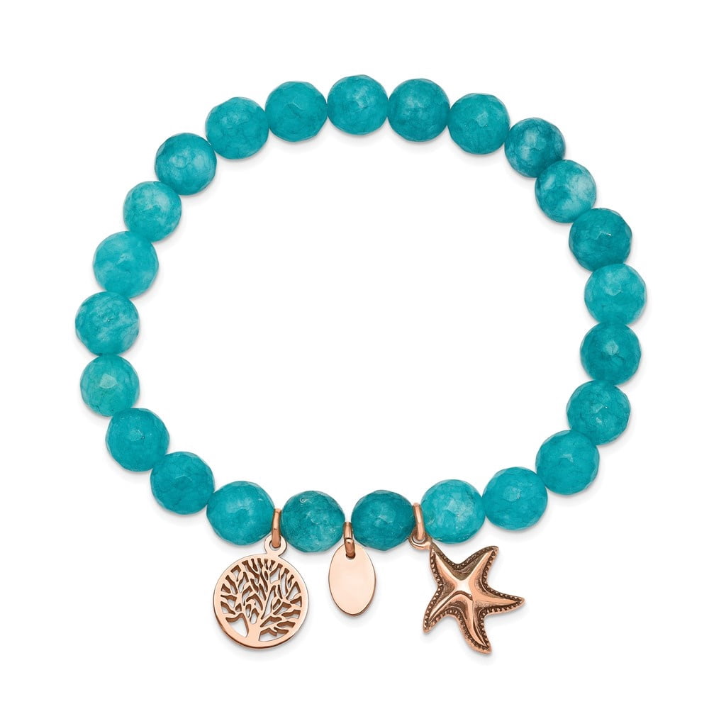 Diamond2Deal Stainless Steel Rose IP-Plated Starfish and Tree of Life 8mm Aqua Dyed Jade Beaded Stretch Bracelet for Women 6"