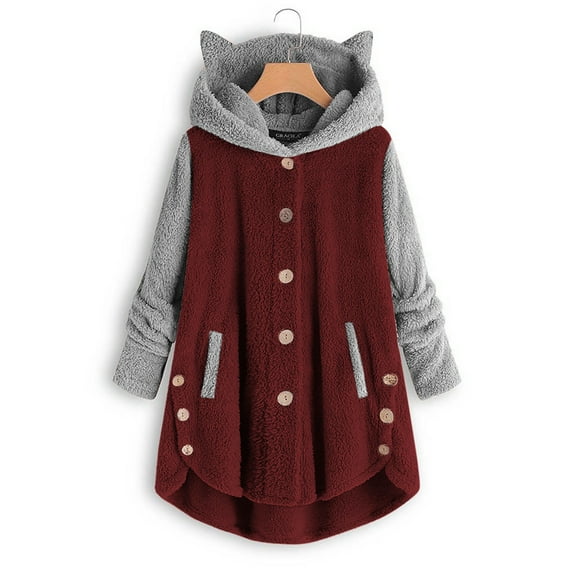 Women'S Tops Women Button Coat Patchworl Tops Hooded Pullover Loose Sweater Blouse Plus Size Wine L Y1Y