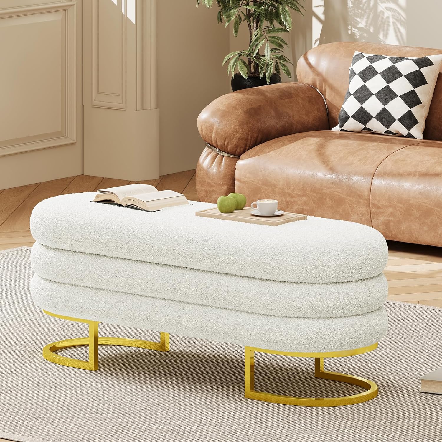 Vabches Large Storage Ottoman Bench with Golden Metal Leg, 48.8" Linen Upholstered Storage Bench for Living Room, Bedroom, Entryway, Beige