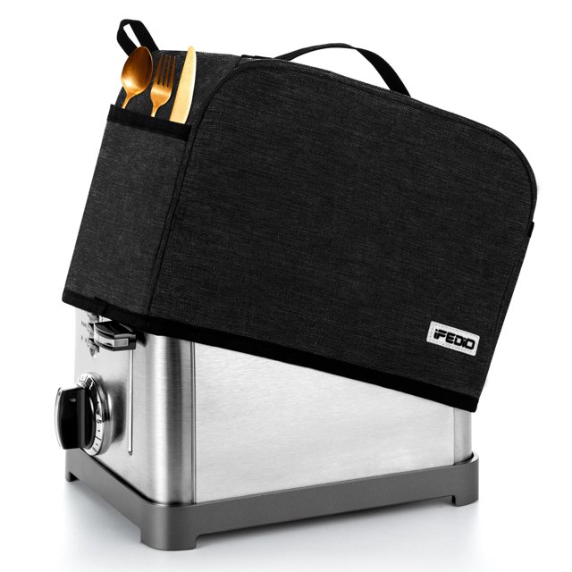 iFedio - Funda para tostador de 2 rebanadas, color negro con bolsillos, cubierta para electrodomésticos, protección contra el polvo y las huellas dactilares, lavable a máquina