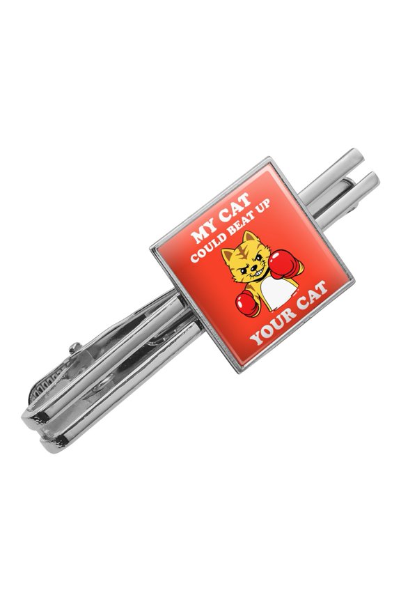 My Cat Could Beat Up Your Cat Boxing Gloves Funny Humor Square Tie Bar Clip Clasp Tack- Silver or Gold