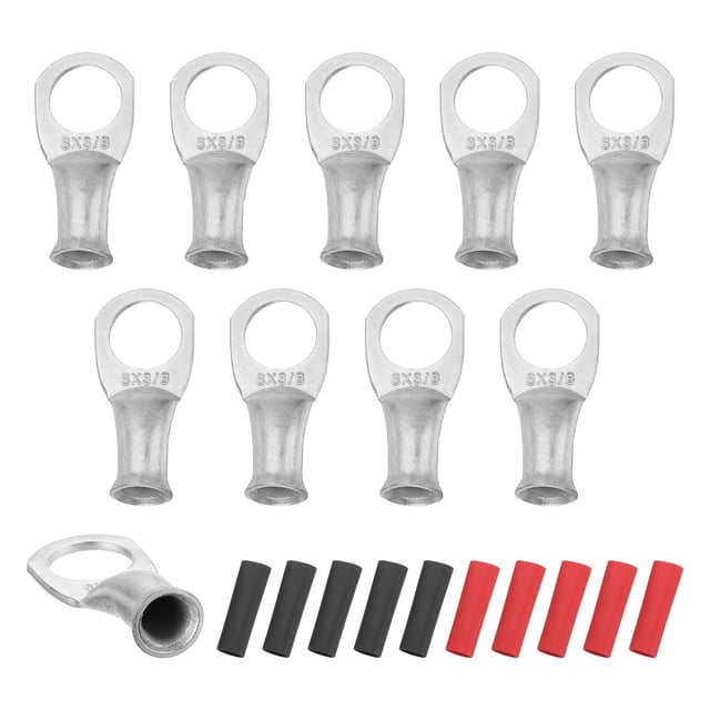 10 Pcs 3/8" Terminal de anillo de batería 8AWG con 10 piezas de manguera termorretráctil, plata