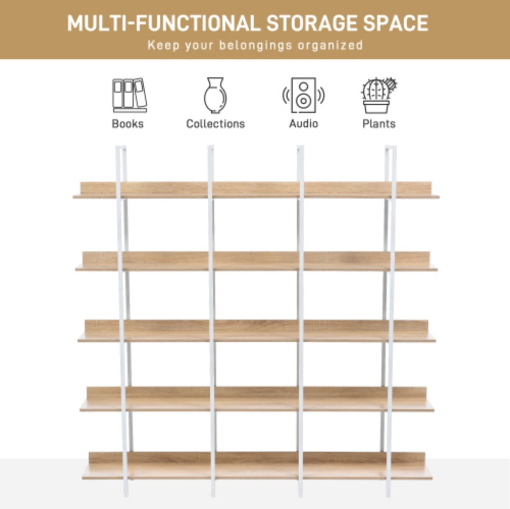 5-Tier Industrial Bookcase, Vintage Open Bookshelf with Metal Frame & MDF Shelves, 80 Lbs Per Shelf, Freestanding Display Storage Rack for Living Room & Home Office, White+Oak