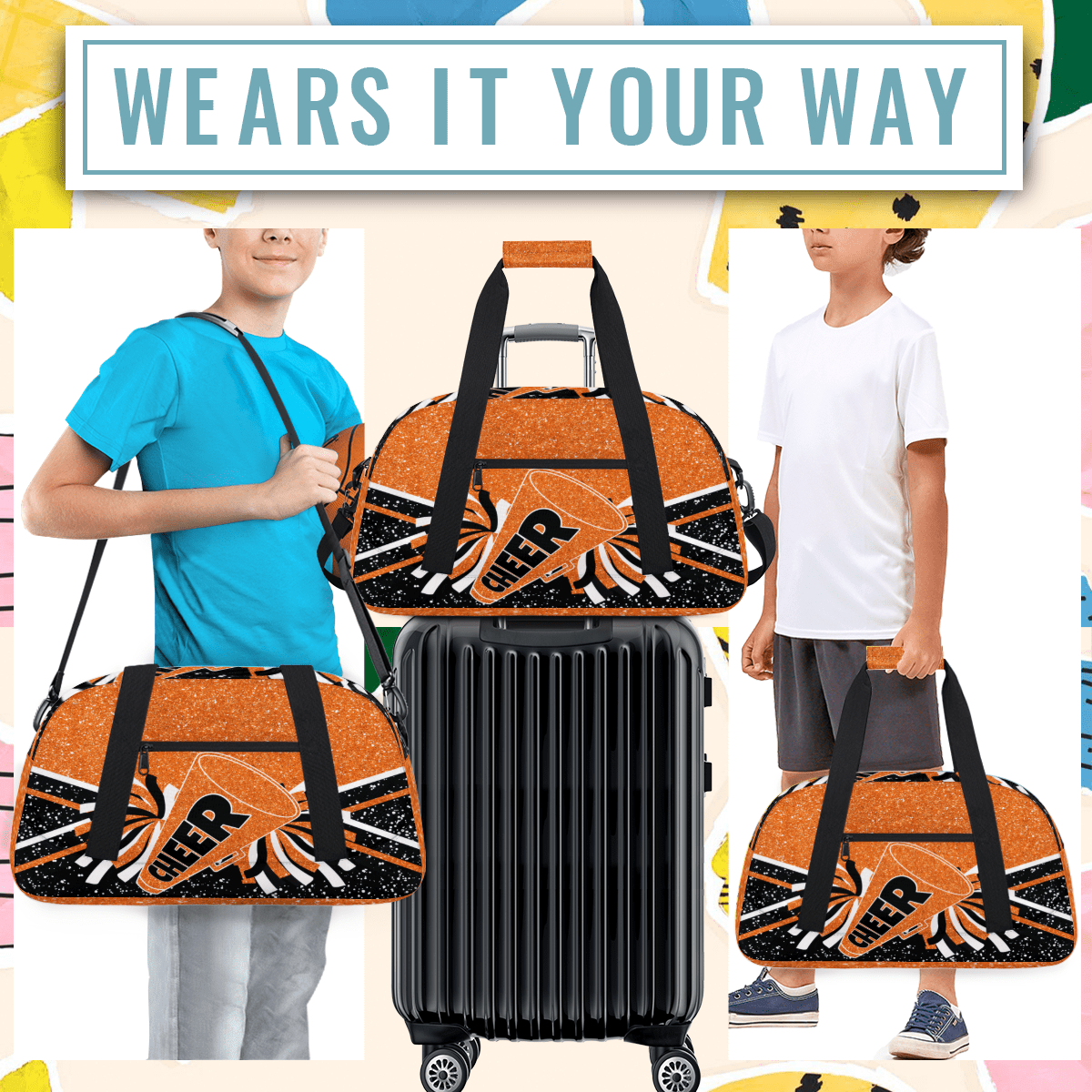 Herdesigns Cheer Bags Overnight Duffel Bags Cheerleading Orange Black Sport Gym Bag Travel Bag Travel Waterproof Weekender Bag Carry On Travel Tote Bag Dance Bags