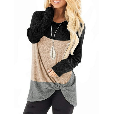 TEMOFON Tunic Tops for Women Casual Fall Long Sleeve Crew Neck T Shirts Casual Loose Tunic Trendy Fashion Black Block Blouse Tee
