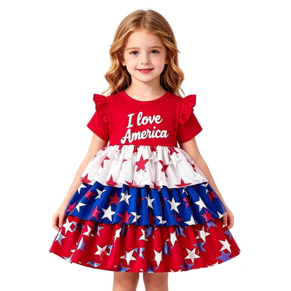 WEIWEN Toddler Baby Girl 4th of July Outfits Short Sleeve Layered Ruffle Red White and Blue Dress Dress Kids Girls Memorial Day Clothes Red, 18-24 Months