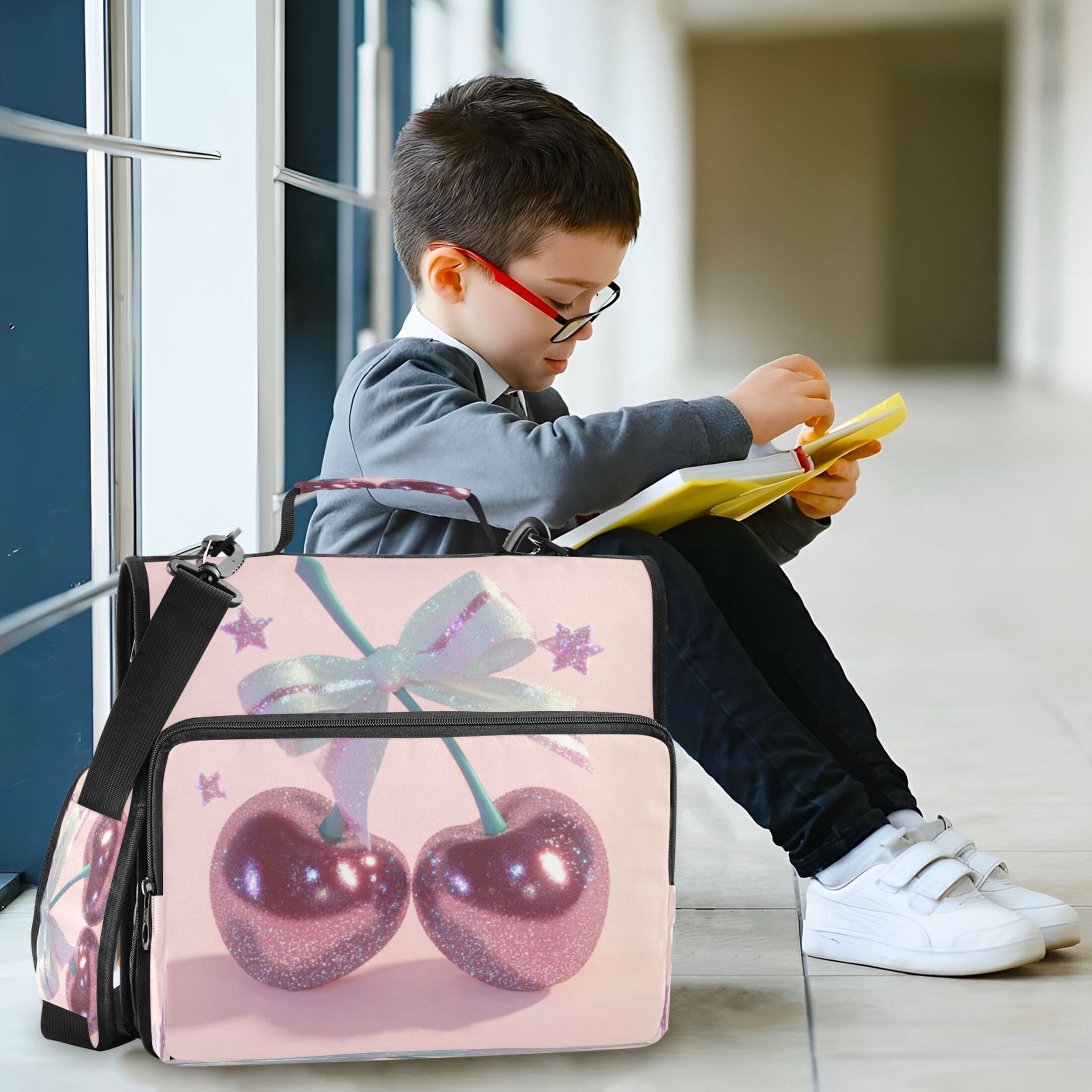 Water-Resistant 3-Ring Binder Organizer with Multiple Pockets Zipper Binder Bag for Office Pink Large Cherries