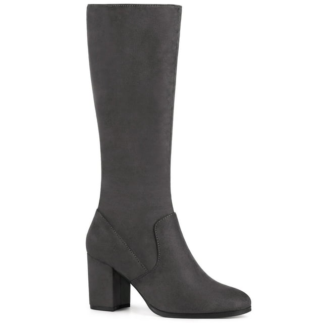 Unique Bargains Bottes Hauteur Genou à Bout Rond à Talons Épais pour Femme Gris (Taille 8)