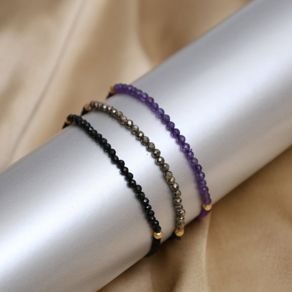 Gempires Pack of 3 Braided Bracelets for Teens, Amethyst, Pyrite, Black Spinel, Braid Jewelry