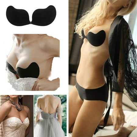 STTOAY Adhesive Invisible Bras for Women  Seamless Silicone Sticky Bralette Strapless Front Closure Push Up Bra  Black  D Cup