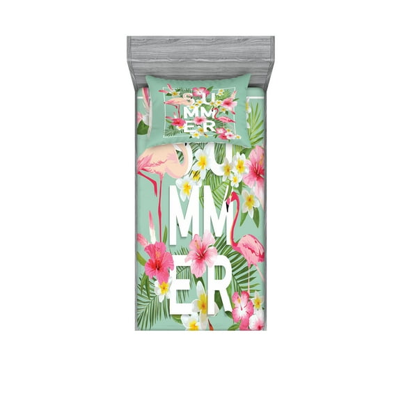 Ambesonne Floral Fitted Sheet & Pillow Sham Set, Tropical Retro Flowers, Twinxl, Mint Green Pink