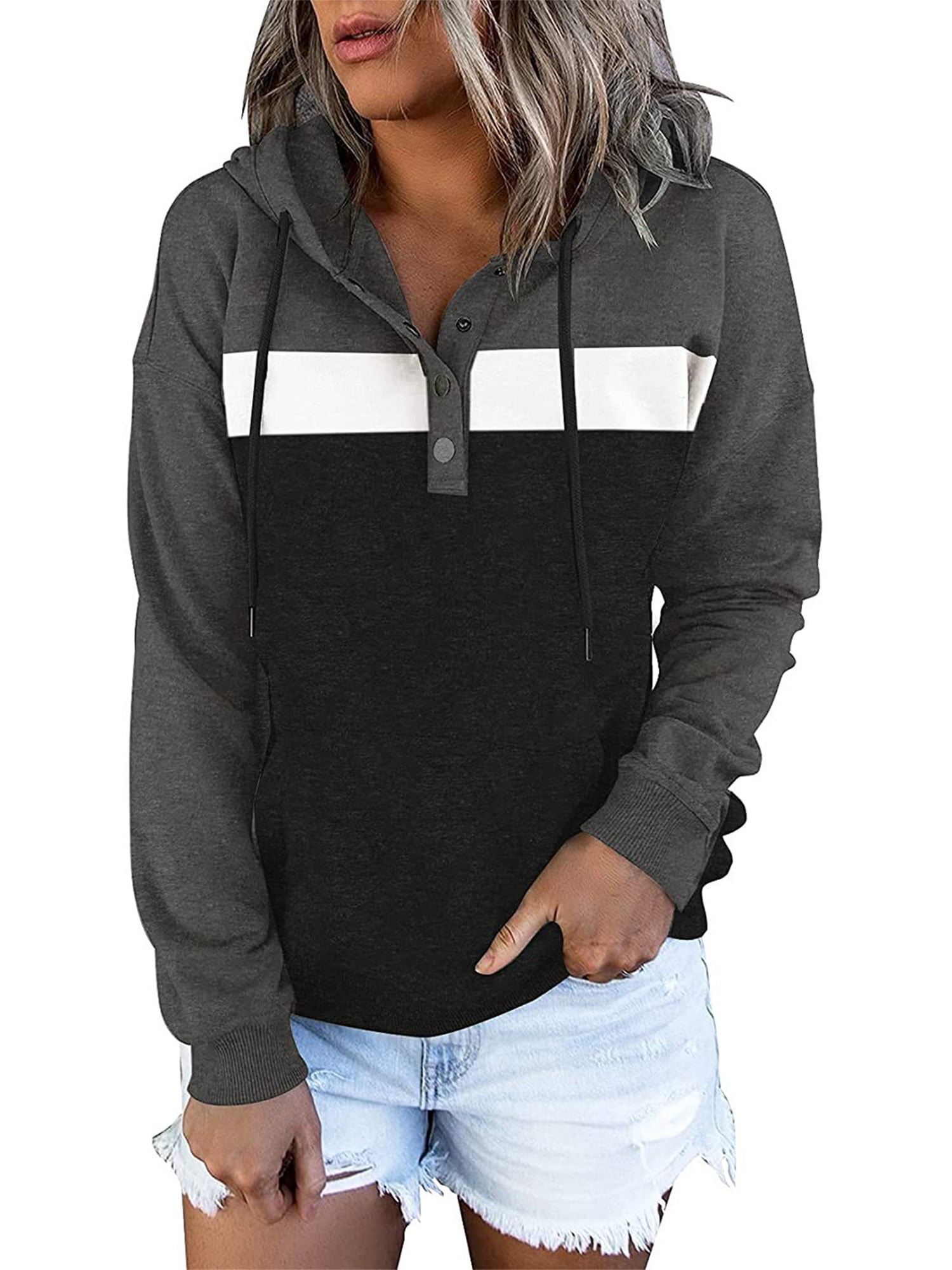 Listenwind Womens Hooded Sweatshirts Casual Long Sleeve Half Zip/Button Down Pullover Drawstring Loose Tops, Women's, Size: XL