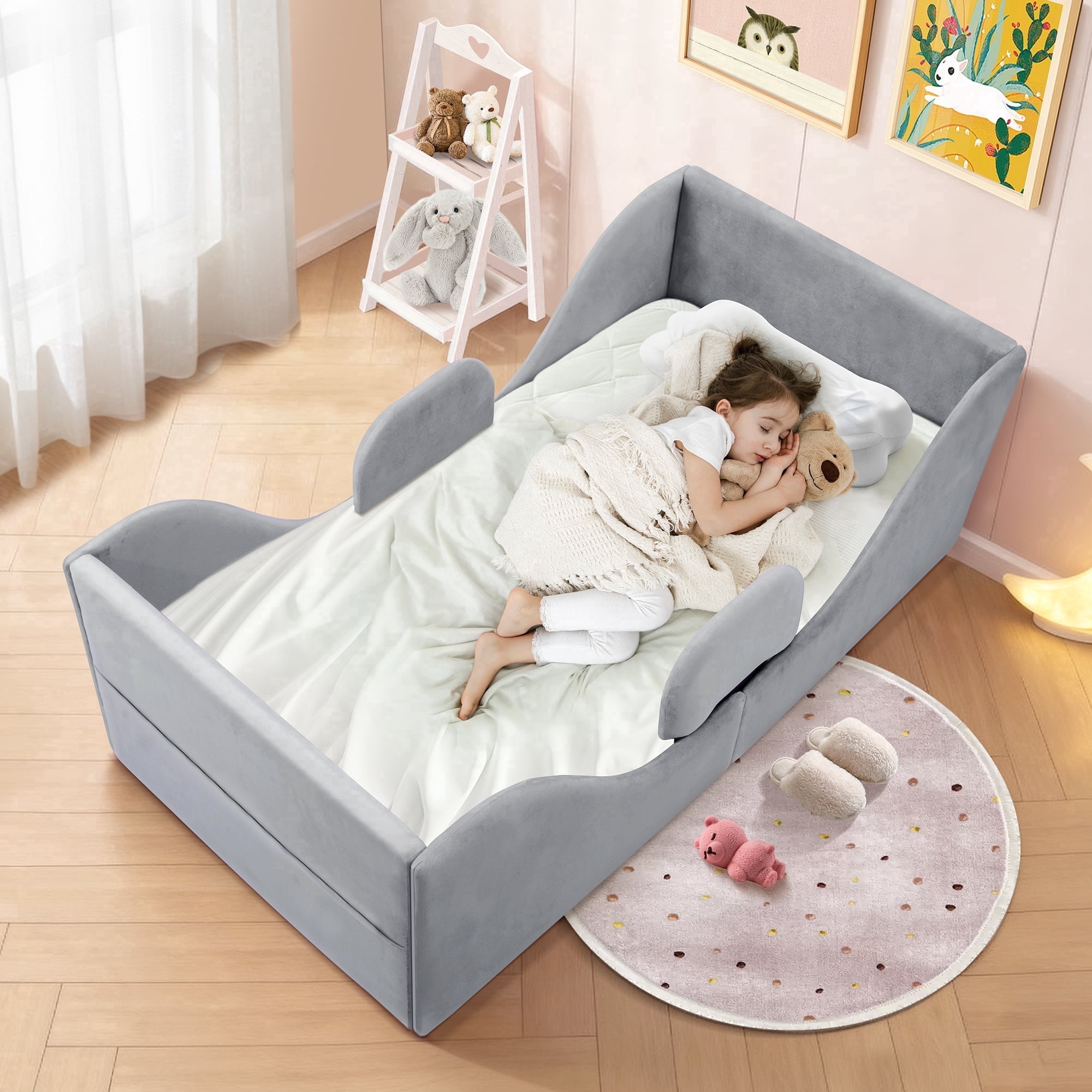 Spanspace Toddler Bed, Toddler Floor Bed – Low-to-Ground Design with Detachable Guard Rails, Soft Upholstered Transition Bed, Standard Crib Size for kids Ages 1–6 (Gray)