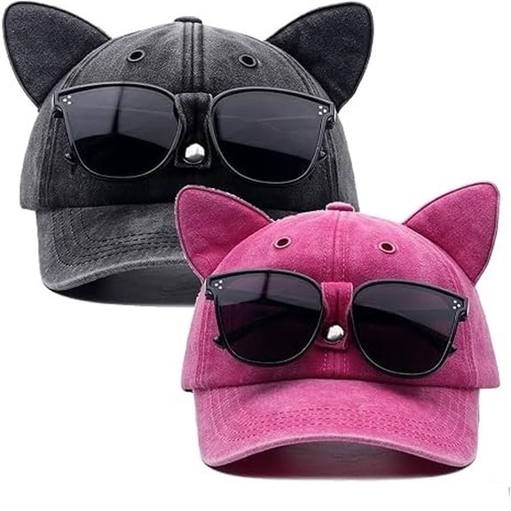 2PCS Y2K cat ear baseball cap with detachable sunglasses, Baseball Cap Pilot Style UV Protection Snapback, Street Hip-hop Cap for Women