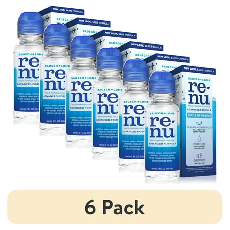 (6 pack) Renu Contact Lens Solution, Advanced Formula Triple Disinfectant Contact Cleaning Solution–From Bausch + Lomb – 2 fl oz (60 mL)