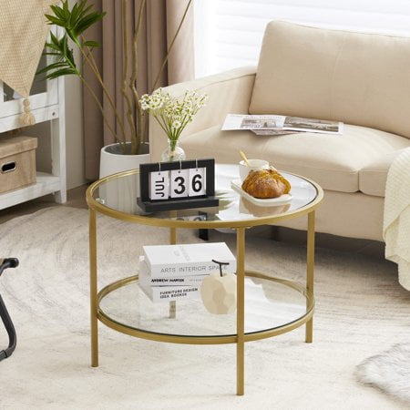 Vingli Glass Coffee Table 25.6"" Round Champagne Gold Coffee Tables For Living Room 2-Tier Glass Top Coffee Table With Storage Clear Coffee Table Simple & Modern Center Table For Small Space