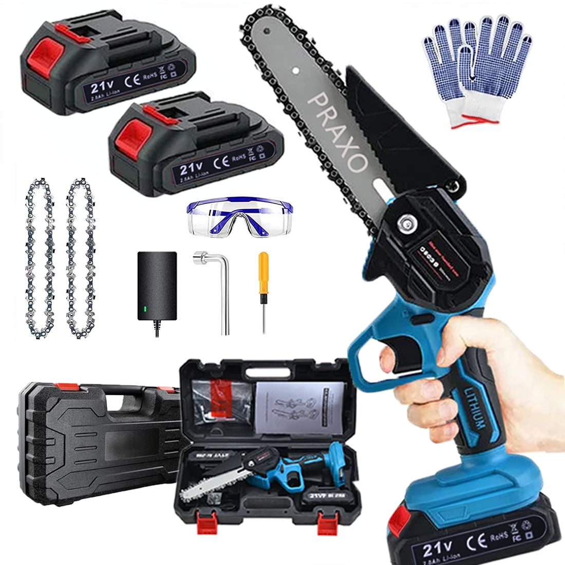 PRAXO 6" Mini Chainsaw Cordless with 2 Batteries 2 Chains, 6-inch Battery Powered Chain Saws Handheld Electric ChainSaw Cordless Battery Chainsaw Wood Cutter