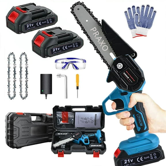 PRAXO 6" Mini Chainsaw Cordless with 2 Batteries 2 Chains, 6-inch Battery Powered Chain Saws Handheld Electric ChainSaw Cordless Battery Chainsaw Wood Cutter