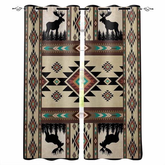 Fsddascl Southwest Aztec Blackout Curtains for Bedroom/Living Room, Thermal Insulated Kitchen Curtains, Brown Forest Tree Elk Geometric Green Grommet Darkening Window Treatment Drapes 52"x63"x2