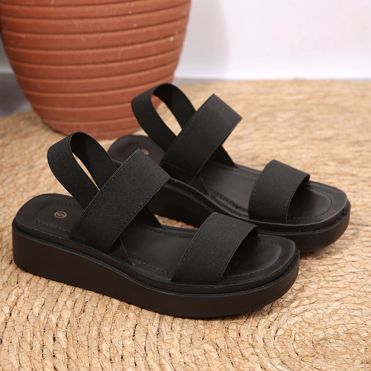 Pennysue Women's Platform Wedges Sandals Black Elastic Ankle Strap Sandals 8M
