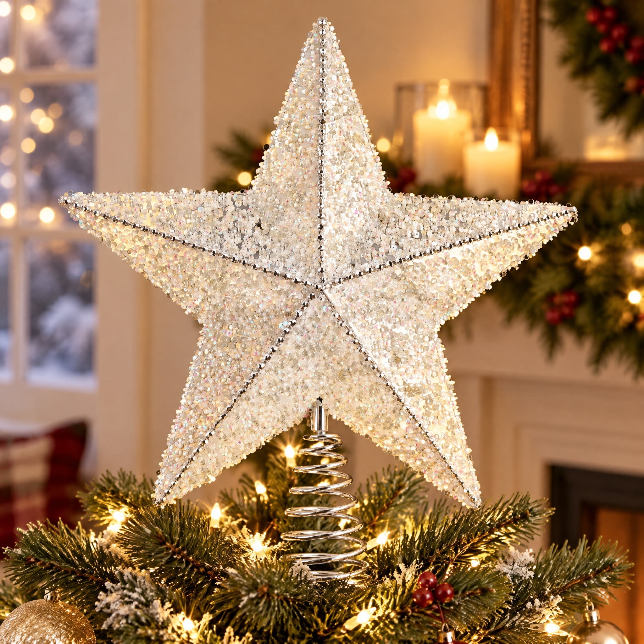 Icy Crystal Star Christmas Tree Topper, Silver and White, 12", by Holiday Time