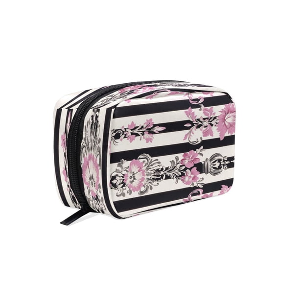 BZSMCE Makeup and Cosmetic Bag Women Simple Floral Pink Black Damask Pattern Square Cosmetic Bag
