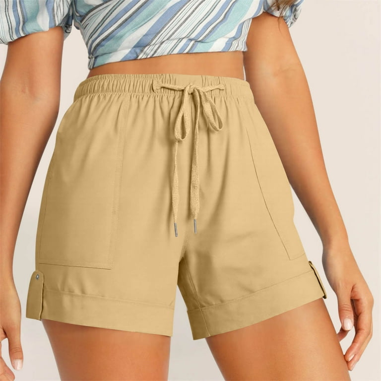 HAOTAGS Shorts for Women, Elastic Waist Tie Belt Solid Color