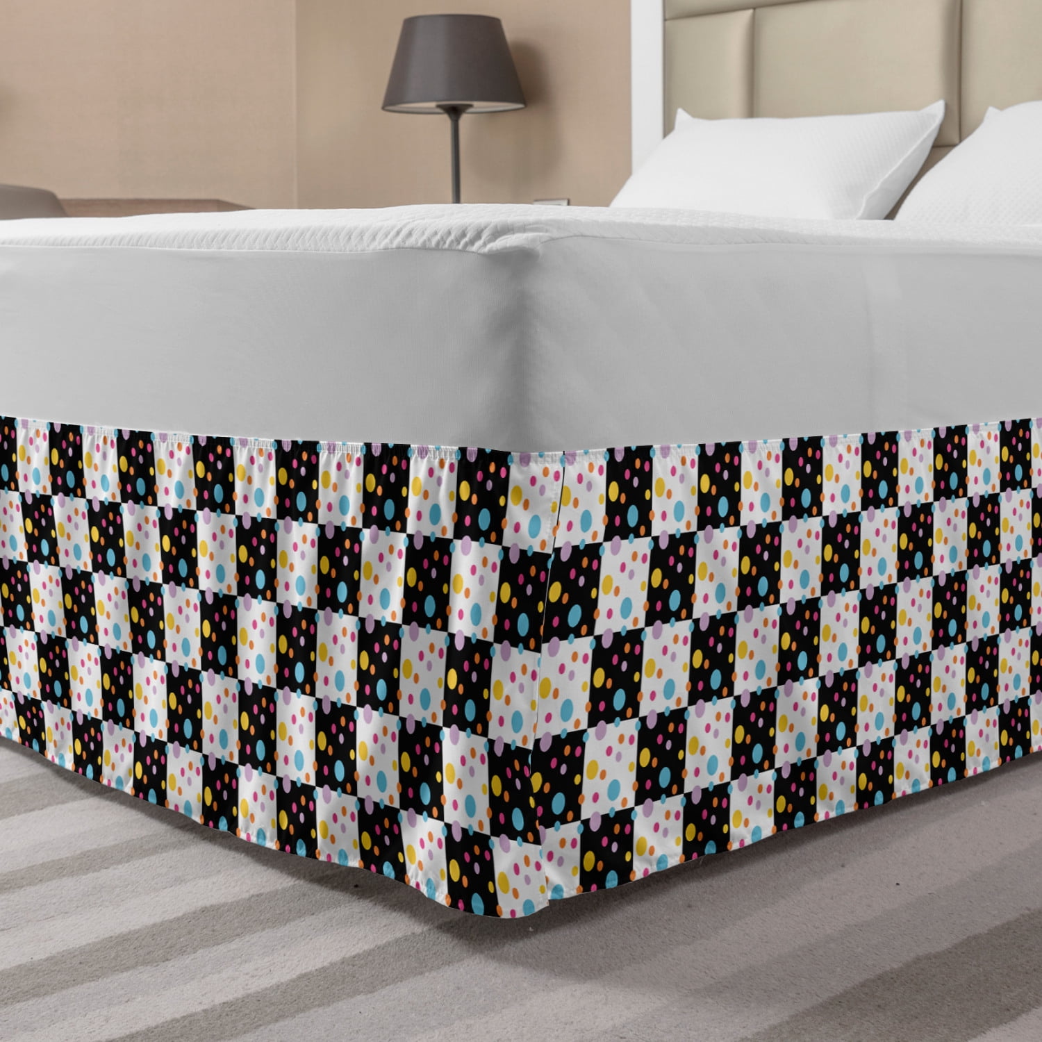 Colorful Bed Skirt, Black and White Checkered Pattern with Lively