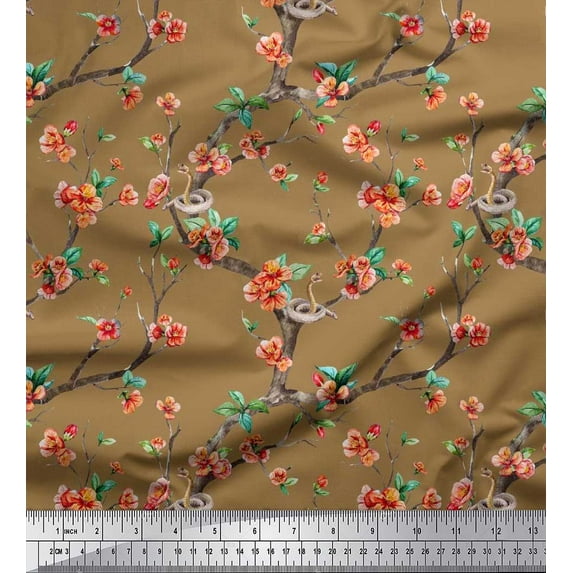 Soimoi Poly Georgette Fabric Snake,Leaves & Blossom Floral Print Sewing Fabric Yard 42 Inch Wide